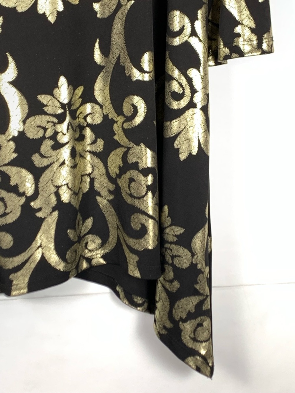 LBISSE Tunic Top XL Black Gold Baroque Metallic 3/4 Sleeve Handkerchief Hem - Picture 7 of 14
